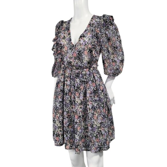 Noella Whimsy Fluttery Twee Ruffle Velvet Burnout Faux Wrap Sheer Dress S - Picture 4 of 13